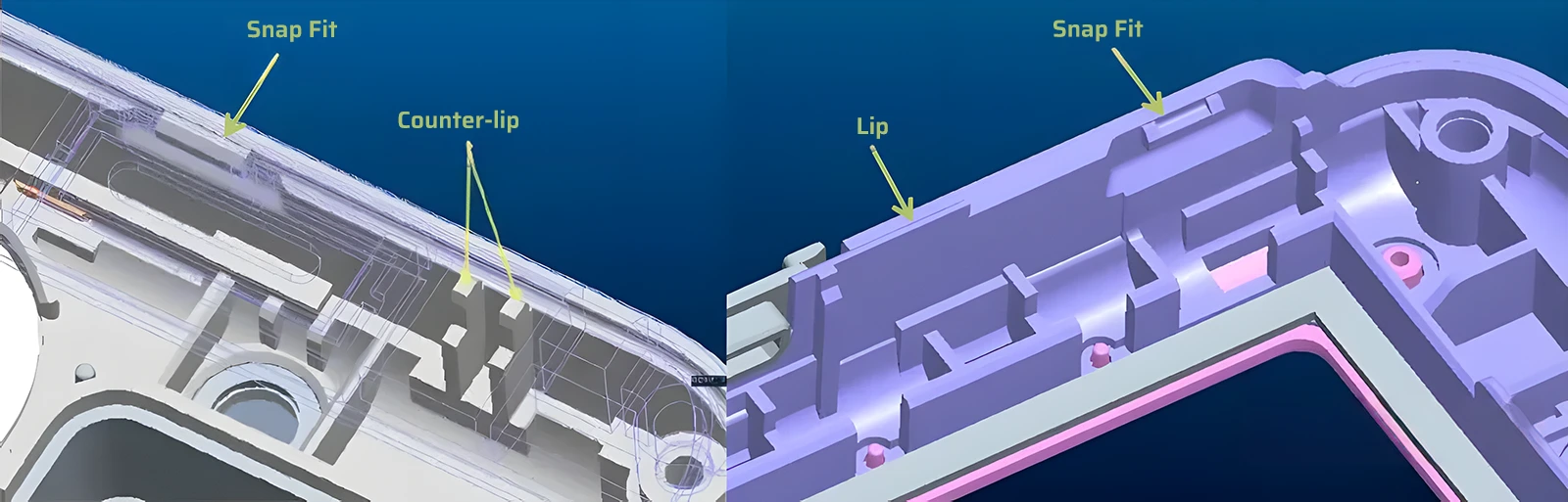 Stop lip or counter lip serves as a positioning element, while also providing separation resistance for the snap-fit